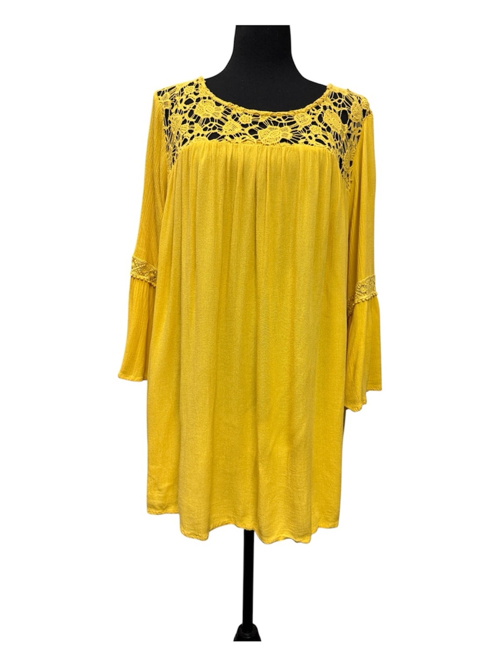 Torrid Yellow Lace Yoke Boho Tunic Dress Bell Sleeve Plus Size 2 2X Floral - Picture 2 of 11